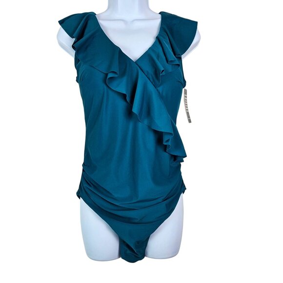 Blooming Jelly Womens Stunning Ruffle V-Neck One Piece Swimsuit Size Large Sexy - Picture 4 of 9